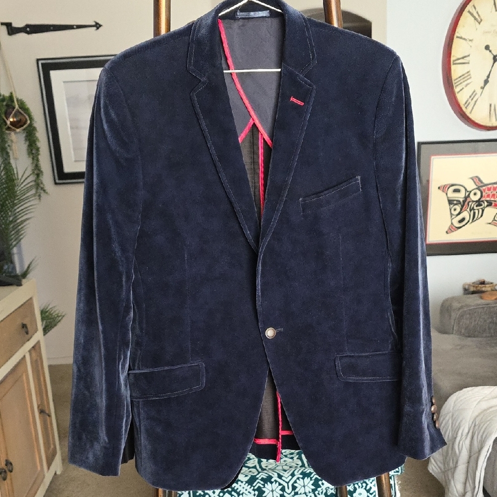 Theme Midnight Blue Velvet Blazer with Crimson Highlights Nebula J
